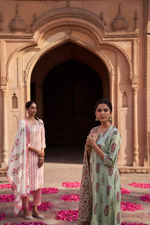 MINT GREEN HAND BLOCK PRINTED COTTON SUIT SET (WITH PANTS AND DUPATTA)