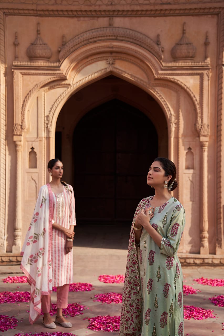 MINT GREEN HAND BLOCK PRINTED COTTON SUIT SET (WITH PANTS AND DUPATTA)