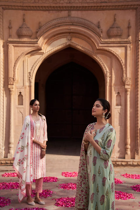 MINT GREEN HAND BLOCK PRINTED COTTON SUIT SET (WITH PANTS AND DUPATTA)