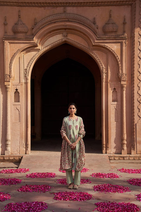 MINT GREEN HAND BLOCK PRINTED COTTON SUIT SET (WITH PANTS AND DUPATTA)