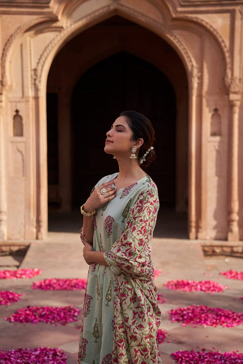 MINT GREEN HAND BLOCK PRINTED COTTON SUIT SET (WITH PANTS AND DUPATTA)