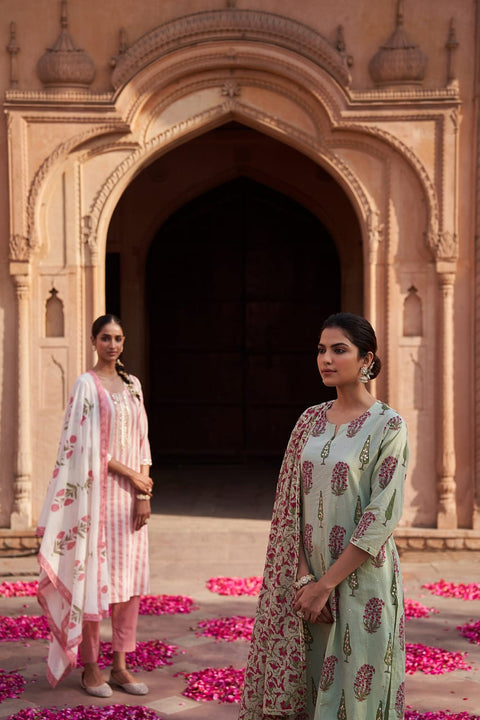 MINT GREEN HAND BLOCK PRINTED COTTON SUIT SET (WITH PANTS AND DUPATTA)