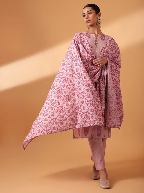 POWDER PINK HAND BLOCK PRINTED COTTON SUIT SET (WITH PANTS AND DUPATTA)