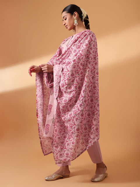 POWDER PINK HAND BLOCK PRINTED COTTON SUIT SET (WITH PANTS AND DUPATTA)