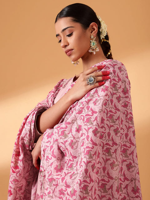 POWDER PINK HAND BLOCK PRINTED COTTON SUIT SET (WITH PANTS AND DUPATTA)