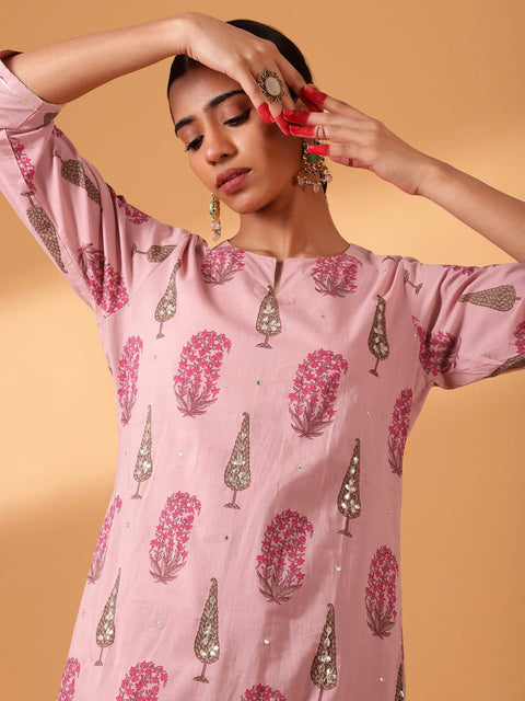 POWDER PINK HAND BLOCK PRINTED COTTON SUIT SET (WITH PANTS AND DUPATTA)