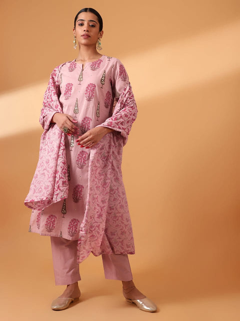 POWDER PINK HAND BLOCK PRINTED COTTON SUIT SET (WITH PANTS AND DUPATTA)