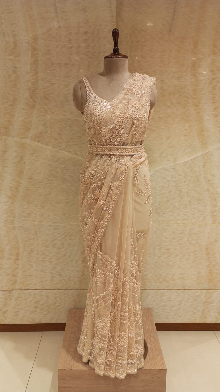Readymade Sleeveless Blouse Cream Net Saree.
