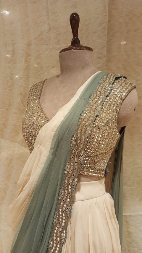 Sophisticated Green & Cream Pre- Drape Saree