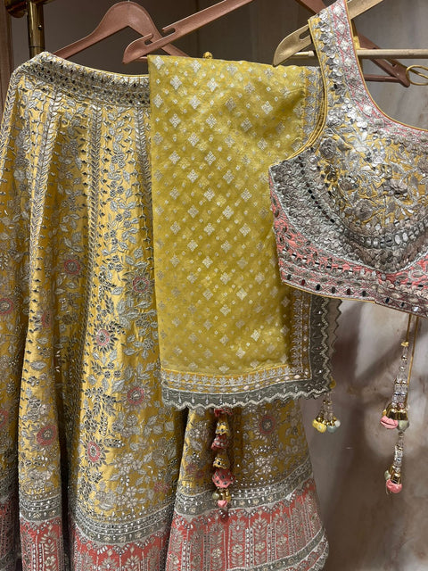 Ready To Wear Yellow Lehnga Choli Set With Intricate Mirror, Aari & Zardozi Embellishment