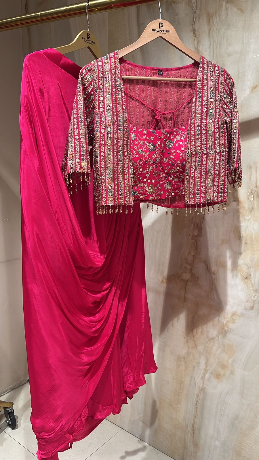 Bright Fuchsia Dhoti Jacket Set Adorn With Sequins, Cut Dana & Dabka Work.