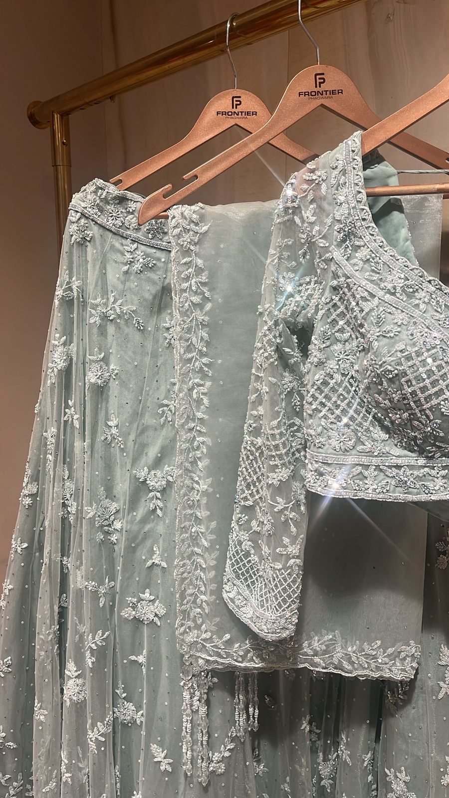 Adorable Baby Blue & Sage Green Ombre Glance Lehnga Set