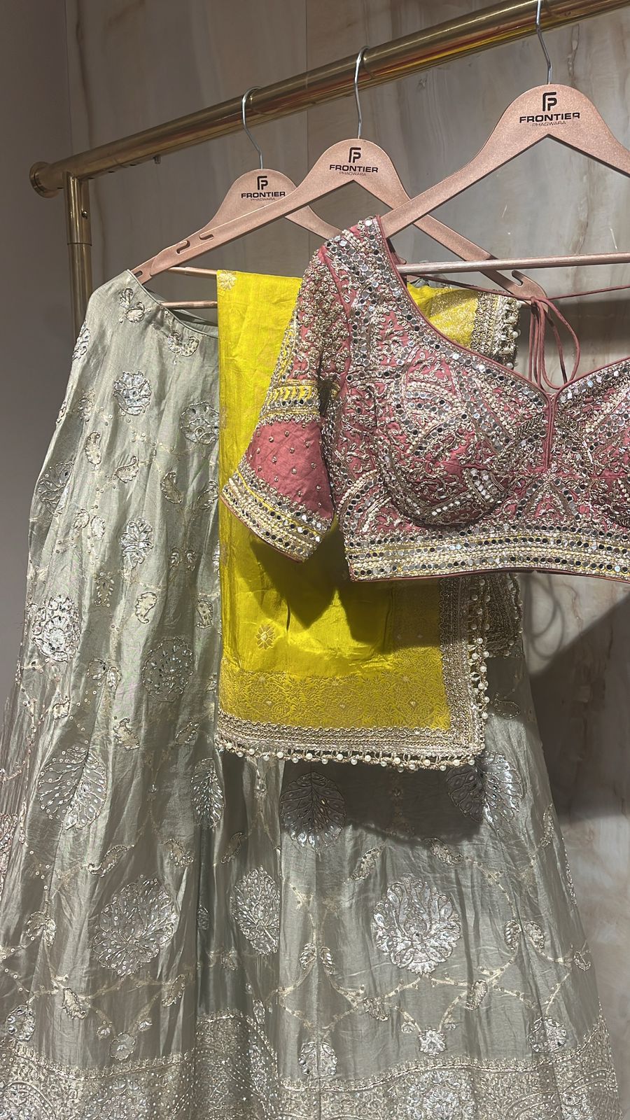 Adorable Multicolor Lehnga Choli Set Paired With Contrast Grey Lehnga & Yellow Dupatta.
