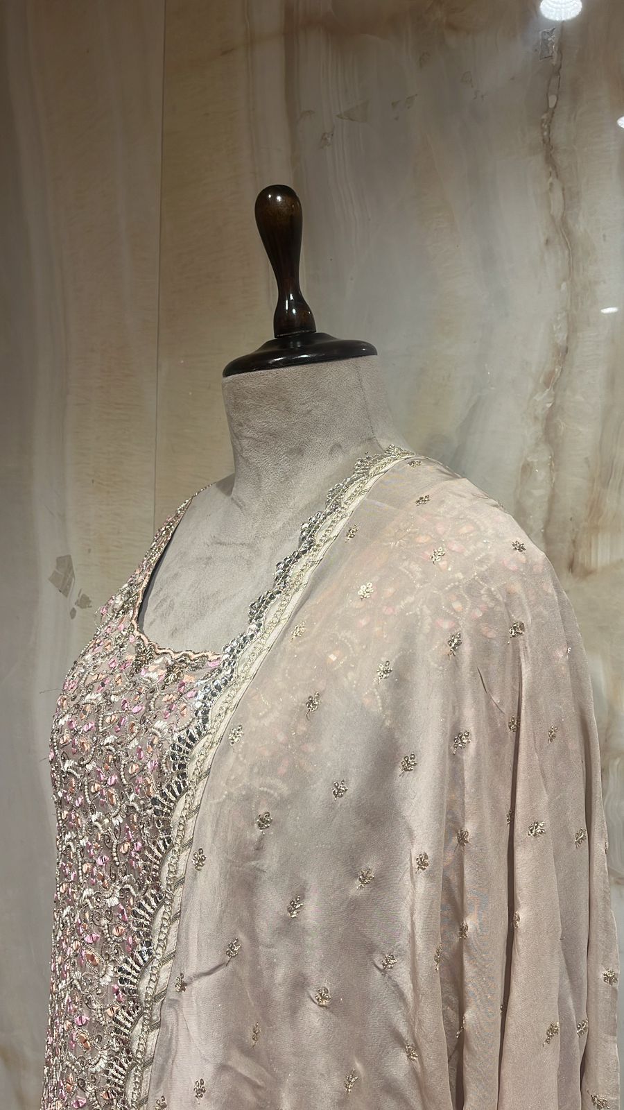 Ready To Wear Light Brown Sharara Set Crafted With Beads, Tilla & Zardozi Embroidery.