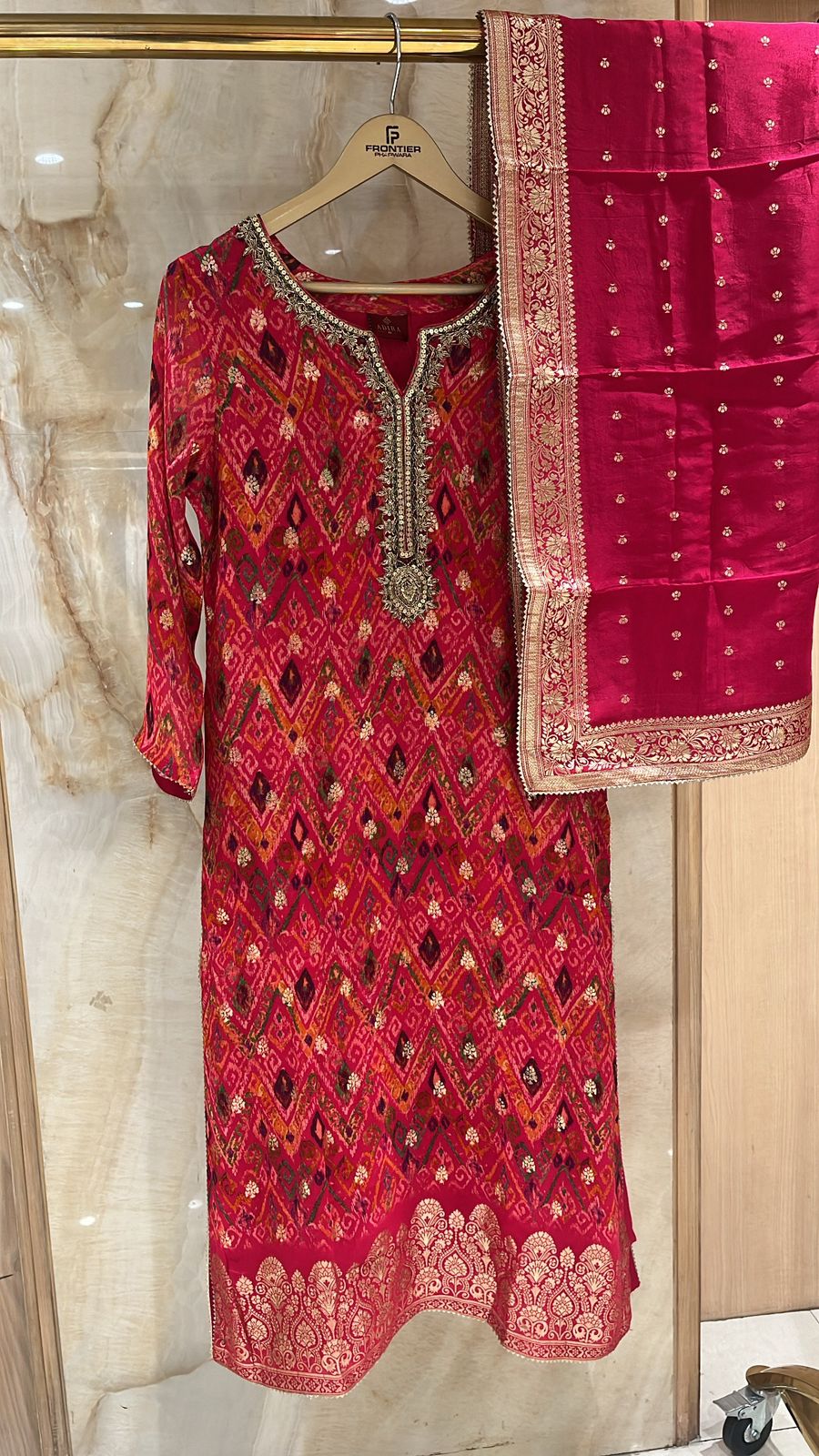 Elegant Red Trouser Suit Set Paired With Contrast Pink Plain Bottom & Dupatta.