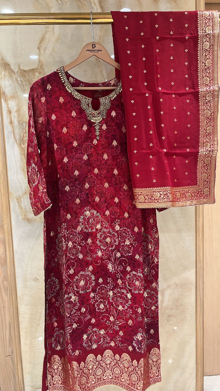 Enchanting Deep Red Trouser Suit Set Adorned With Banarasi, Floral Print With Lace Border.