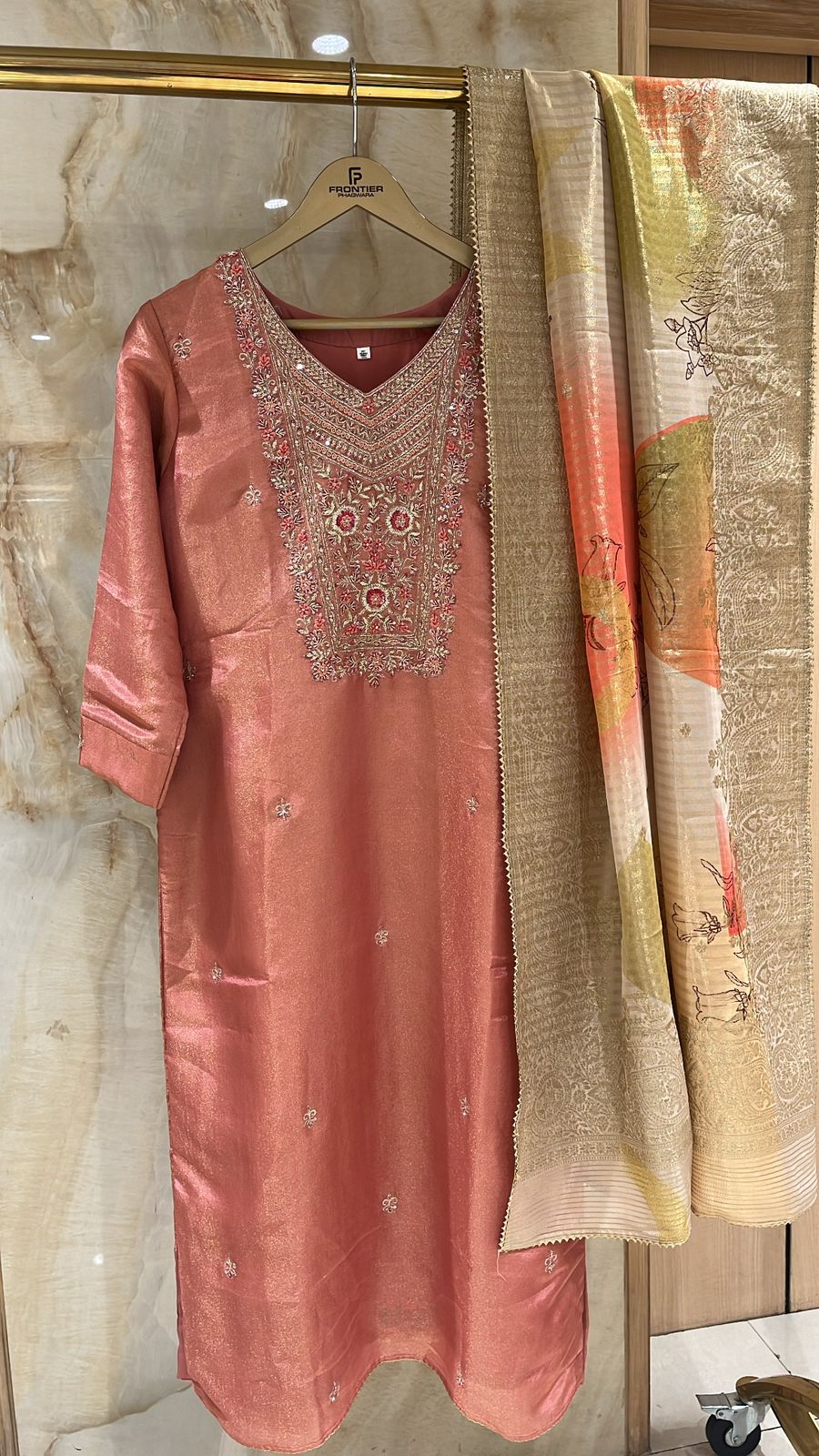Peach Readymade Trouser Suit Accompanied With Matching Plain Bottom & Contrast Print Dupatta.