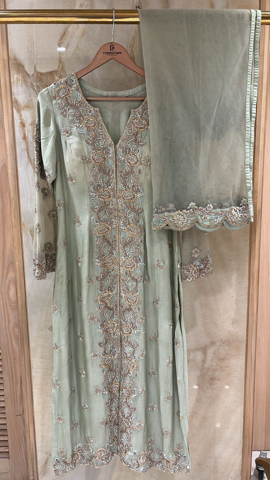 Elegant Sage Green Trouser Suit Set Paired WIth Matching Bottom & Net Dupatta.