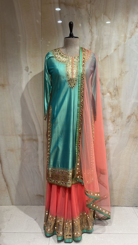 Enchanting Aqua Blue Readymade Shrara Suit Paired With Contrast Coral Pink Shrara & Dupatta.