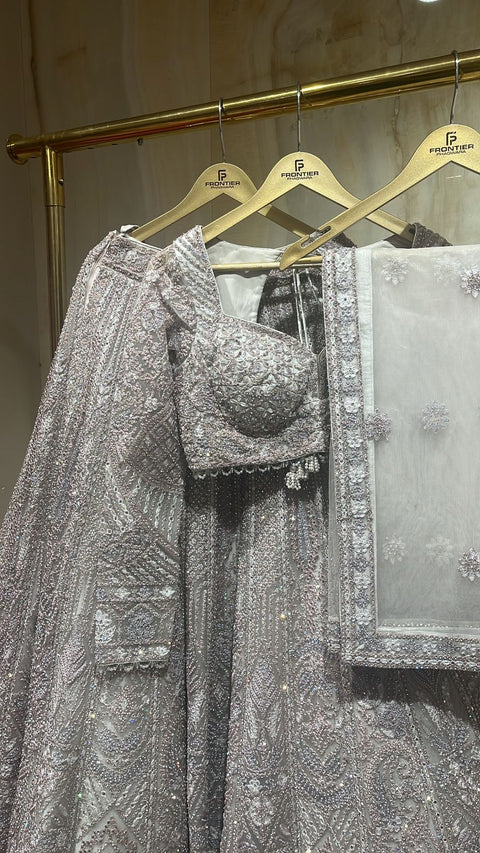 Sophisticated Light Grey Readymade Lehnga Choli Set.