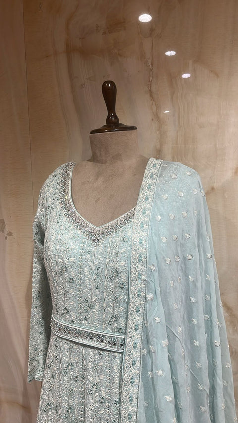 Sophisticated Sky Blue Floor-Touch Net Anarkali Set.