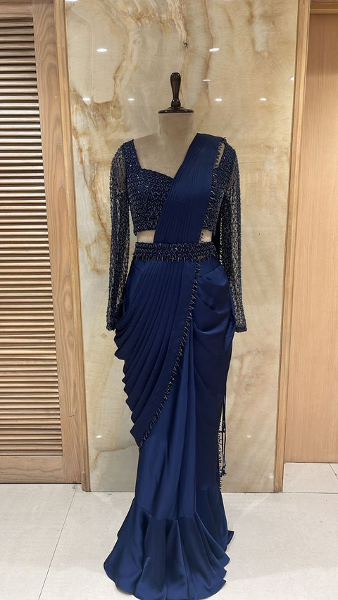 Navy Blue Readymade Drape Saree