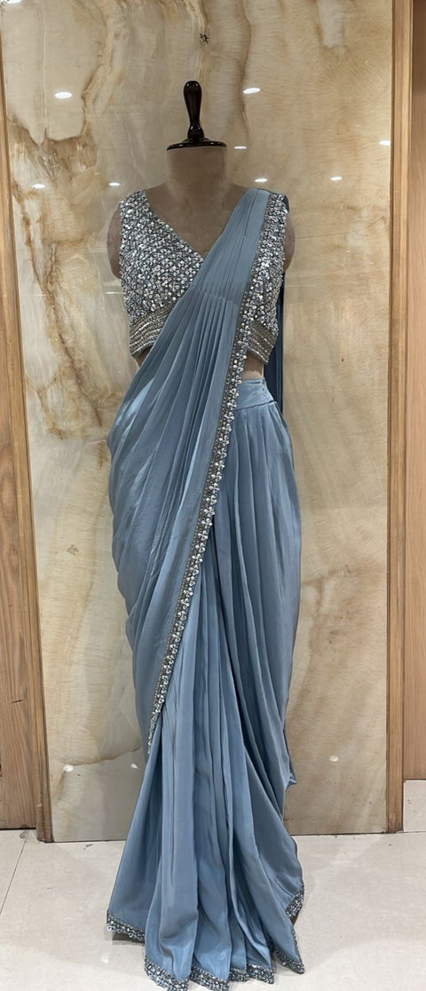 Enchanting Steel Blue Readymade Drape Saree