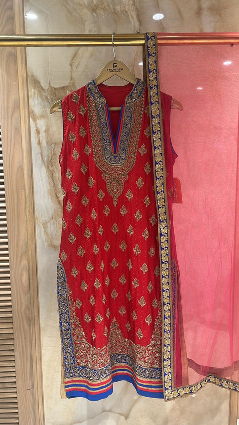 Enchanting Red Readymade Pajami Suit Paired With Matching Bottom & Net Dupatta.