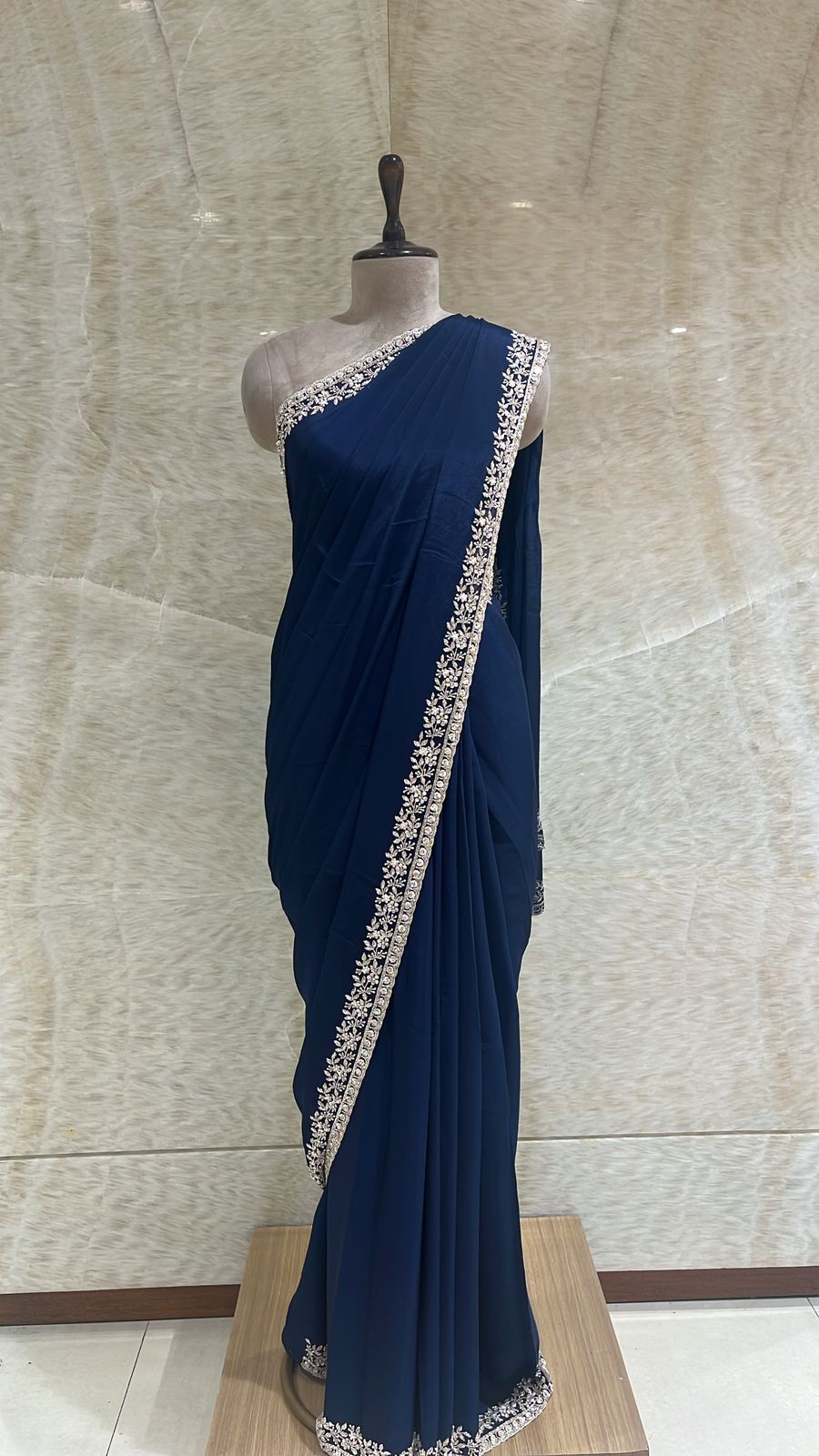 Elegant Navy Blue Saree Paired With Unstitched Blouse