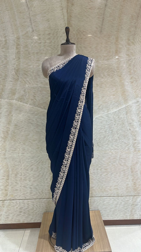 Elegant Navy Blue Saree Paired With Unstitched Blouse