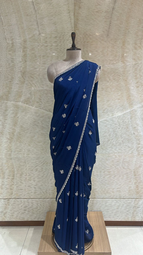 Enchanting Intricately Embroidered Peacock Blue Saree