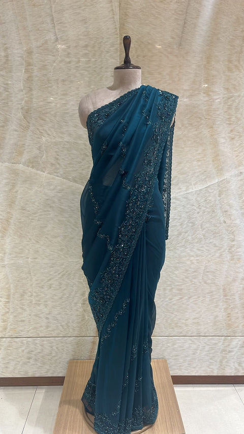 Intricate Sequins, Beads & Sippi Embroidered Peacock Blue Organza Saree