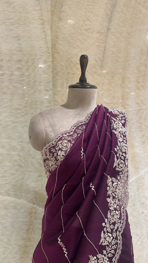 Intricate Zari & Sequins Embellished Plum Purple Saree.