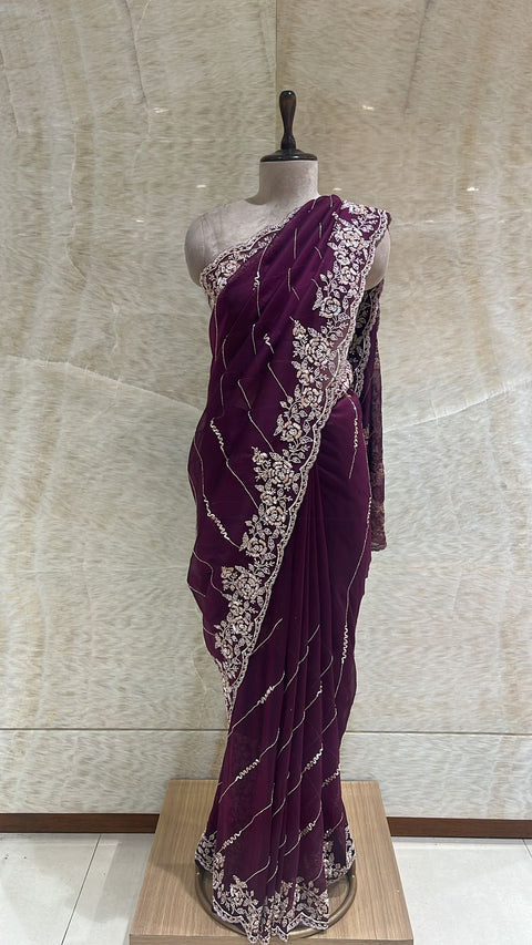 Intricate Zari & Sequins Embellished Plum Purple Saree.