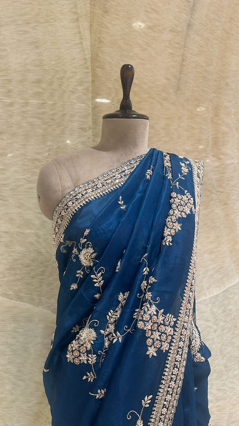 Elegant Royal Blue Organza Saree