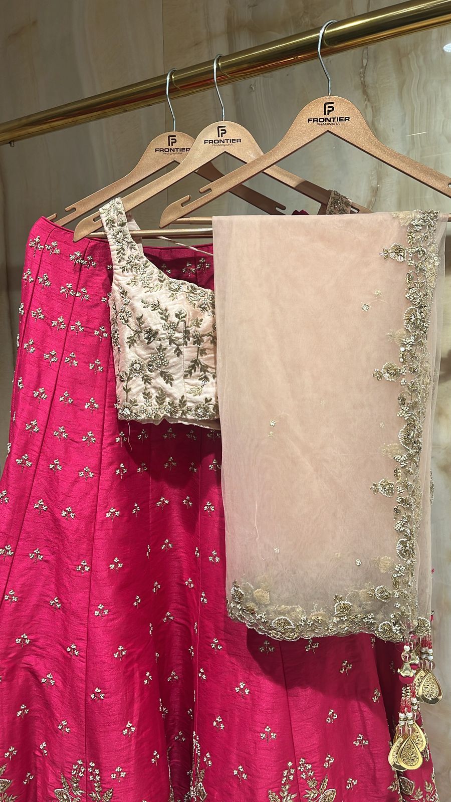 Readymade Fuchsia Lehnga Choli Set Accompanied With Contrast Top & Dupatta