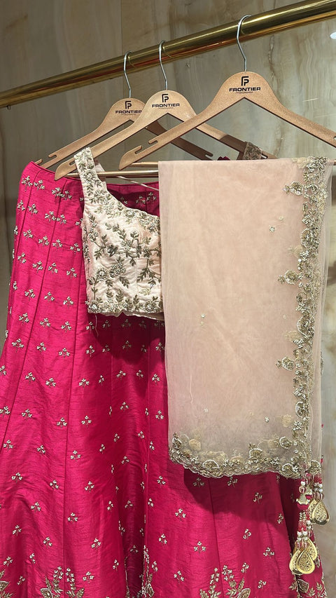 Readymade Fuchsia Lehnga Choli Set Accompanied With Contrast Top & Dupatta.