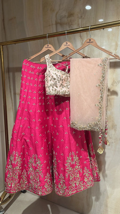 Readymade Fuchsia Lehnga Choli Set Accompanied With Contrast Top & Dupatta.