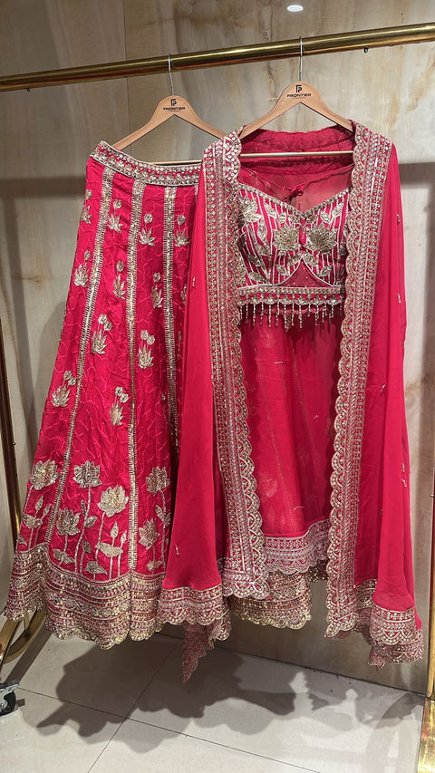 Vibrant Fuchsia Readymade Lehnga Set Paired With Matching Jacket.