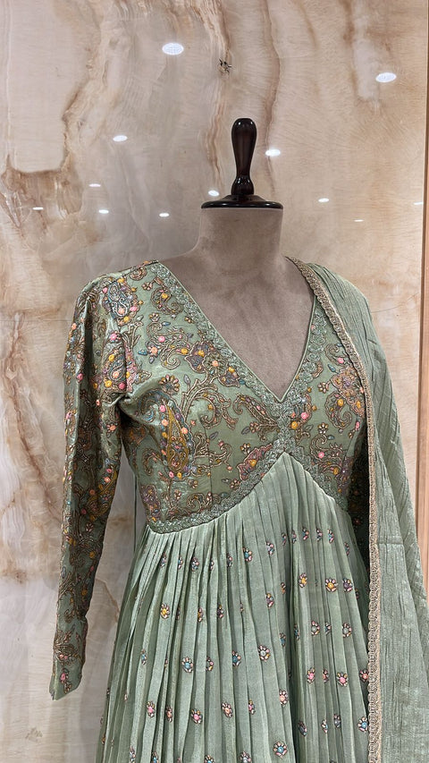 Elegant Mint Green Floor-Touch Readymade Anarkali Set