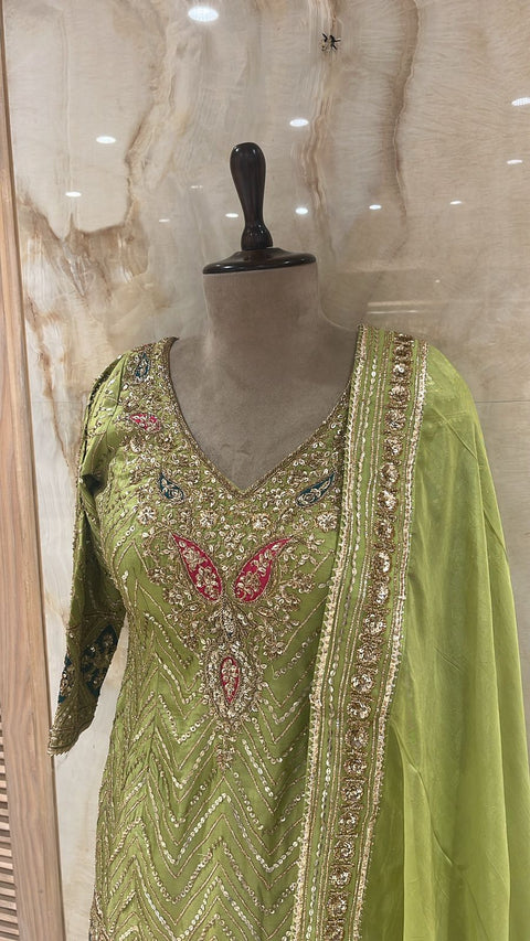 Sophisticated Light Green Readymade Shrara Suit