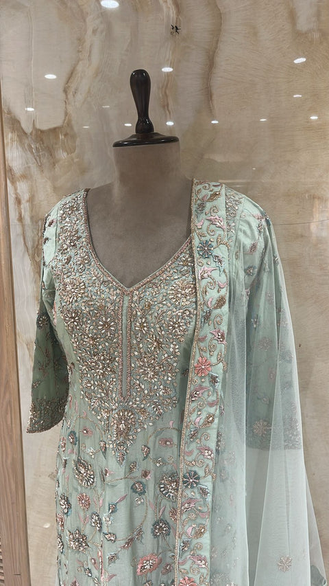 Seafoam Green Readymade Pant Suit Paired With Net Dupatta