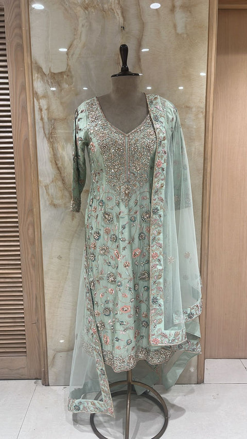 Seafoam Green Readymade Pant Suit Paired With Net Dupatta