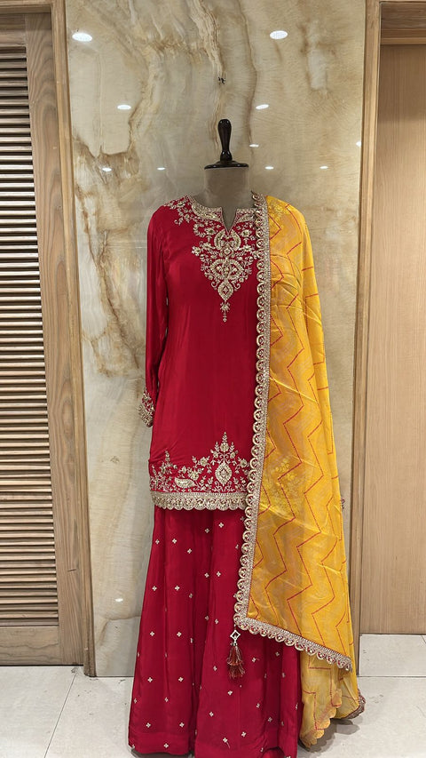 Enchanting Crimson Red Readymade Garara Suit