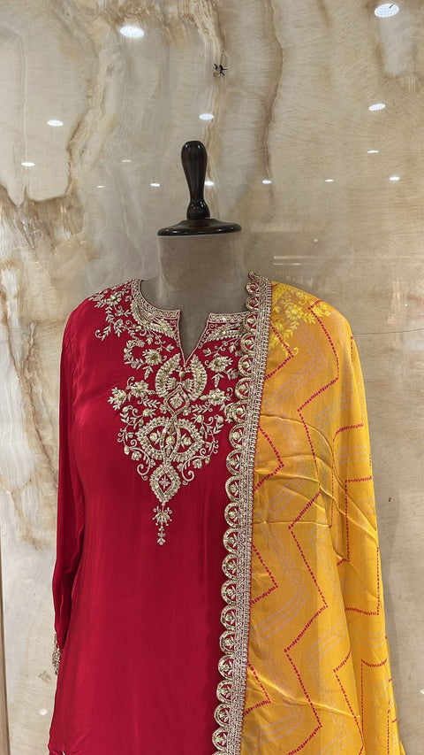 Enchanting Crimson Red Readymade Garara Suit