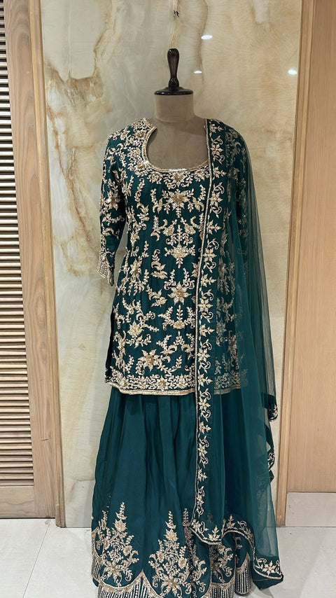 Sophisticated Emerald Green Readymade Sharara Suit