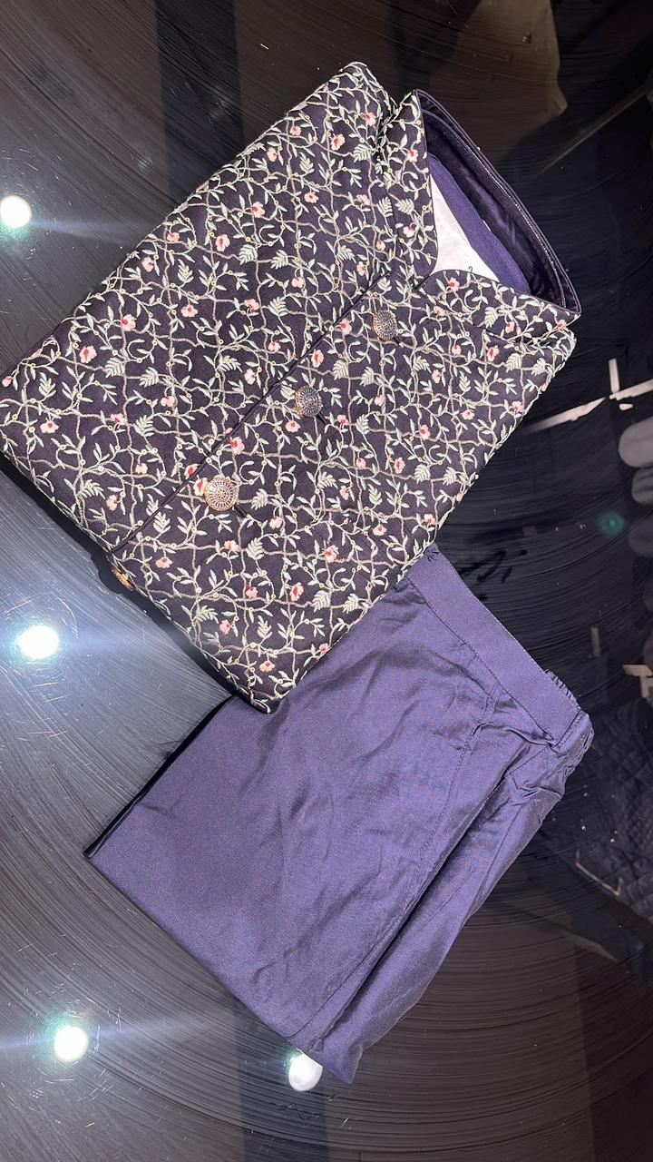 Navy Blue Three Piece Jacket Kurta Set