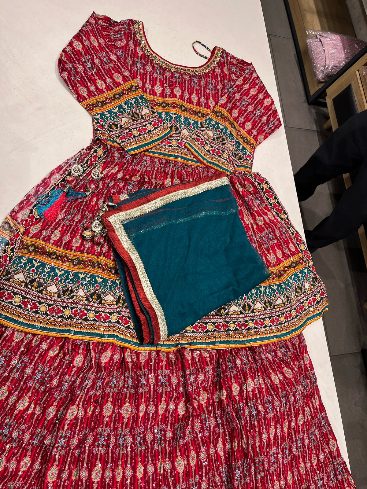 Maroon Rajasthani Lehenga Choli Set For Kids