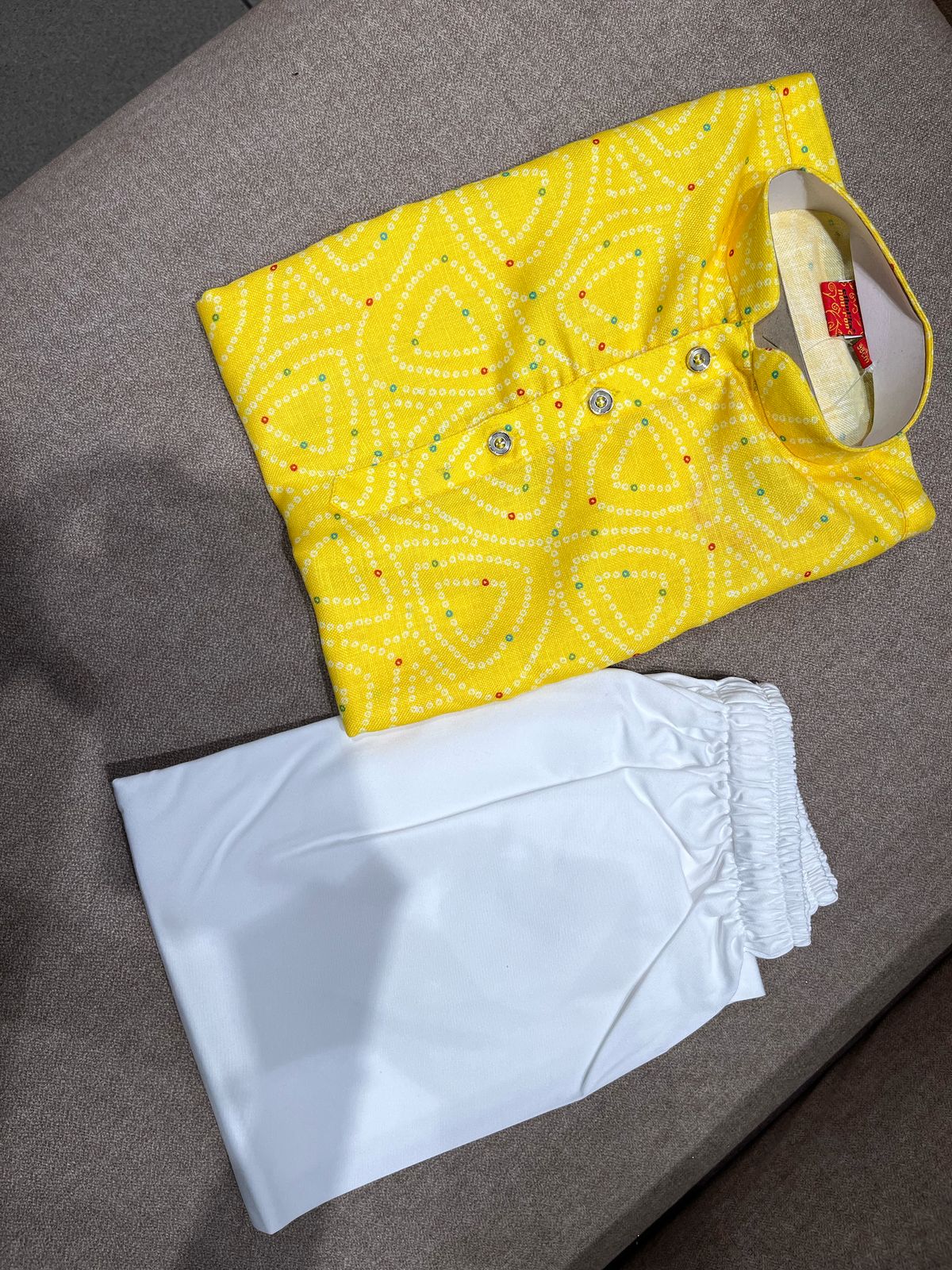 Bandhani Print Yellow Kurta Trouser Set For Kids