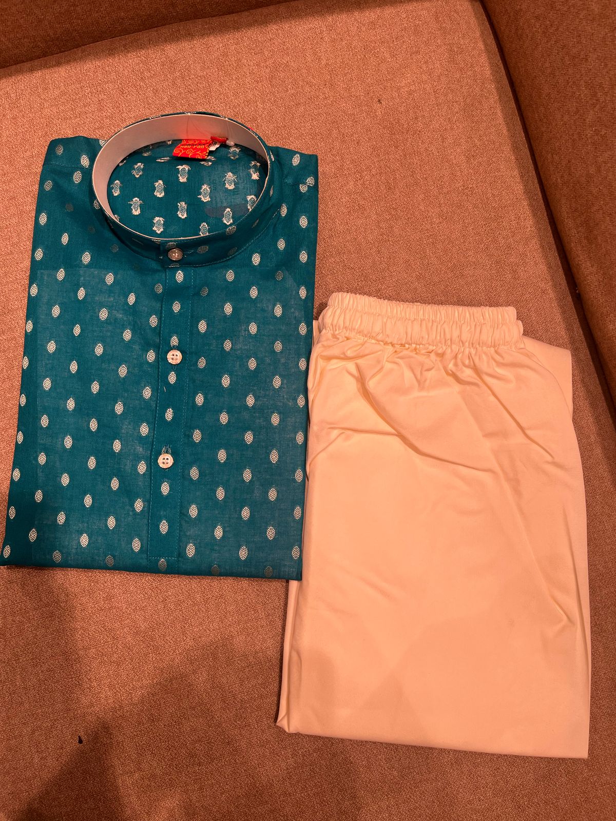 Teal Blue Readymade Kurta Trouser Set for kids